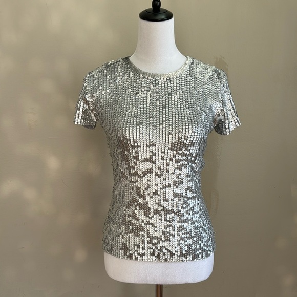 Oscar De La‎ Renta Sequin Gray Silver Short Sleeve Scoop Neck Top Blouse Size S - Picture 2 of 11